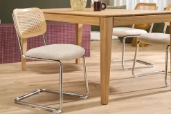 Chaises design en tissu effet velours texturé beige, métal chromé et cannage rotin (lot de 2) ELECTRA