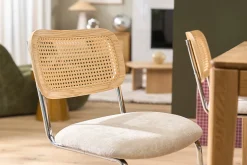 Chaises design en tissu effet velours texturé beige, métal chromé et cannage rotin (lot de 2) ELECTRA