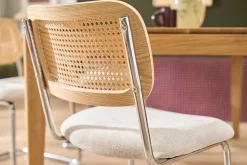 Chaises design en tissu effet velours texturé beige, métal chromé et cannage rotin (lot de 2) ELECTRA