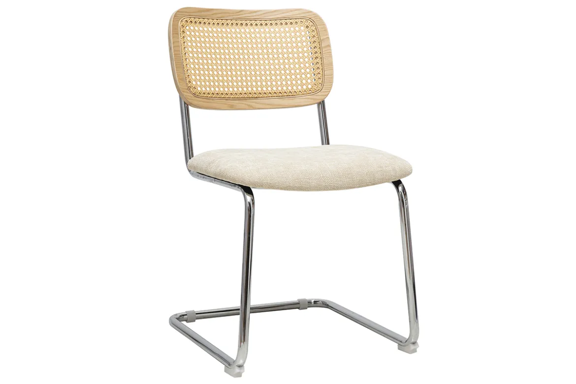 Chaises design en tissu effet velours texturé beige, métal chromé et cannage rotin (lot de 2) ELECTRA