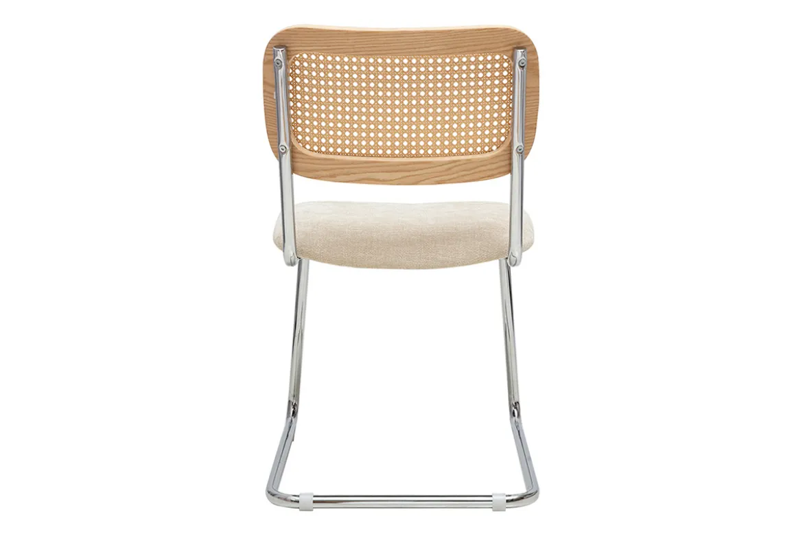Chaises design en tissu effet velours texturé beige, métal chromé et cannage rotin (lot de 2) ELECTRA