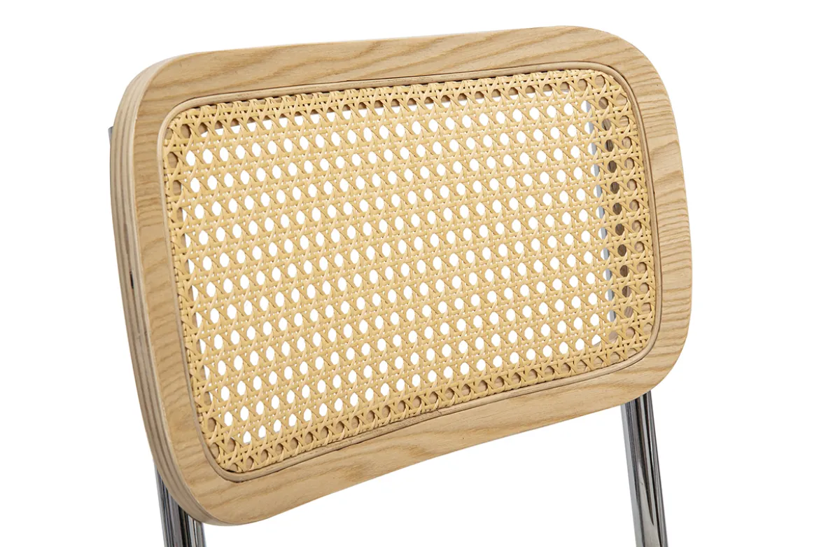 Chaises design en tissu effet velours texturé beige, métal chromé et cannage rotin (lot de 2) ELECTRA