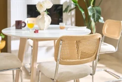 Chaises design en tissu effet velours texturé beige, métal chromé et cannage rotin (lot de 2) ELECTRA