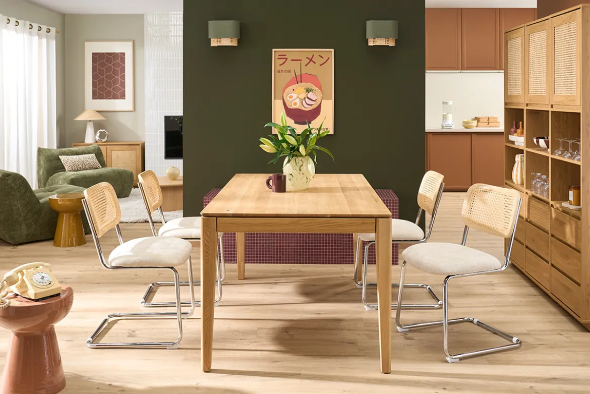 Chaises design en tissu effet velours texturé beige, métal chromé et cannage rotin (lot de 2) ELECTRA