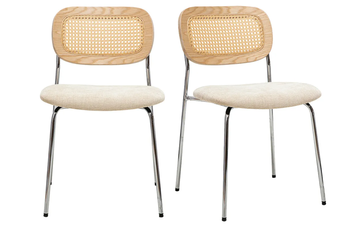 Chaises design en tissu effet velours texturé beige, métal chromé et cannage rotin (lot de 2) MIRANDA