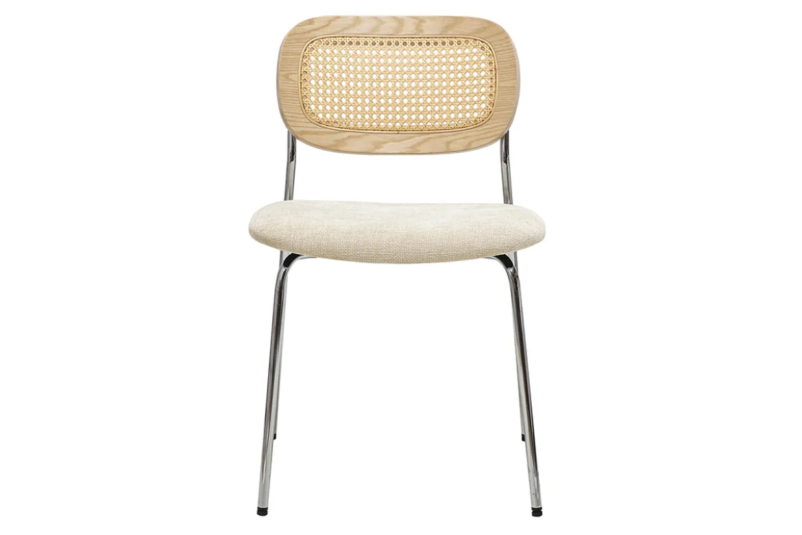 Chaises design en tissu effet velours texturé beige, métal chromé et cannage rotin (lot de 2) MIRANDA