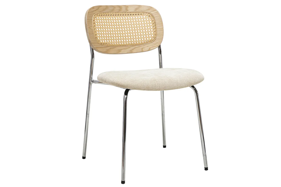 Chaises design en tissu effet velours texturé beige, métal chromé et cannage rotin (lot de 2) MIRANDA