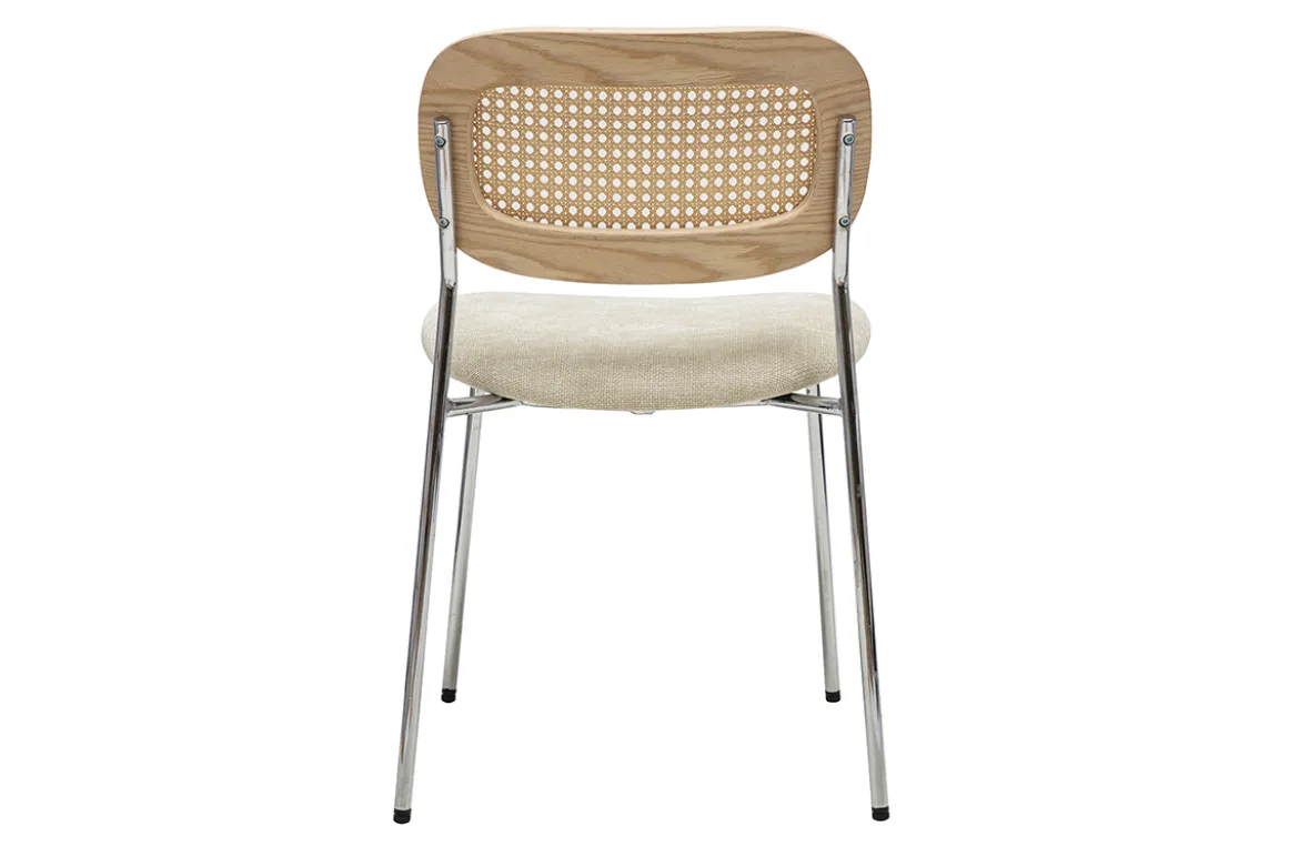 Chaises design en tissu effet velours texturé beige, métal chromé et cannage rotin (lot de 2) MIRANDA
