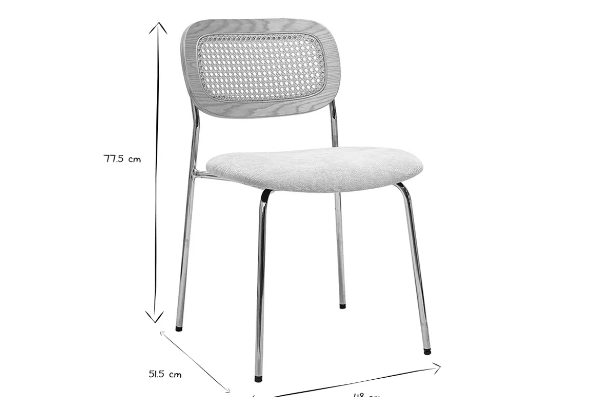 Chaises design en tissu effet velours texturé beige, métal chromé et cannage rotin (lot de 2) MIRANDA