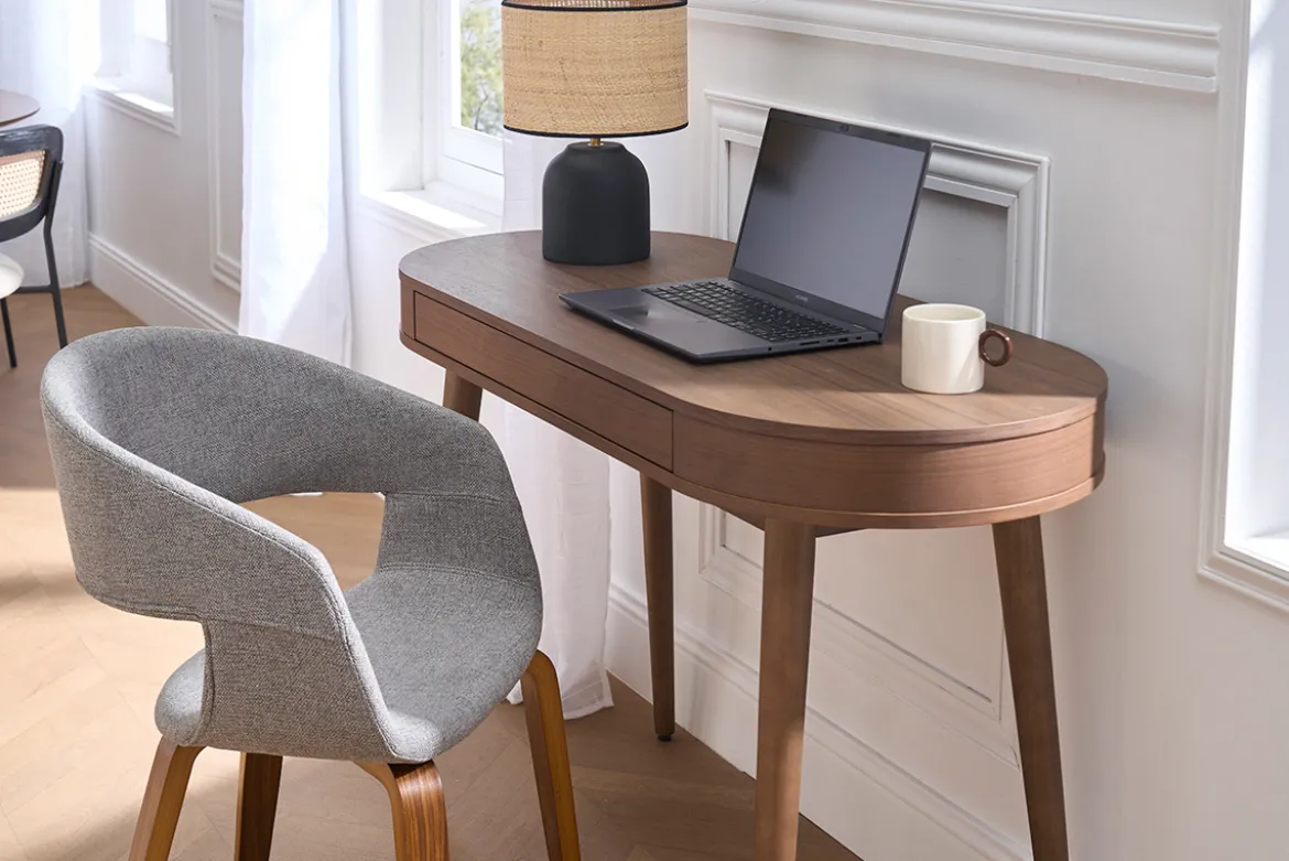 Chaises design en tissu gris et pieds en bois foncé noyer (lot de 2) SLAM