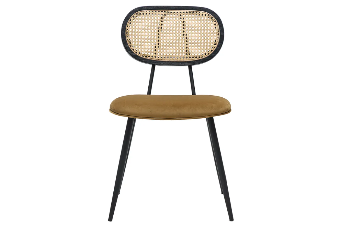 Chaises design en tissu velours bronze, métal noir et cannage rotin (lot de 2) SWANN