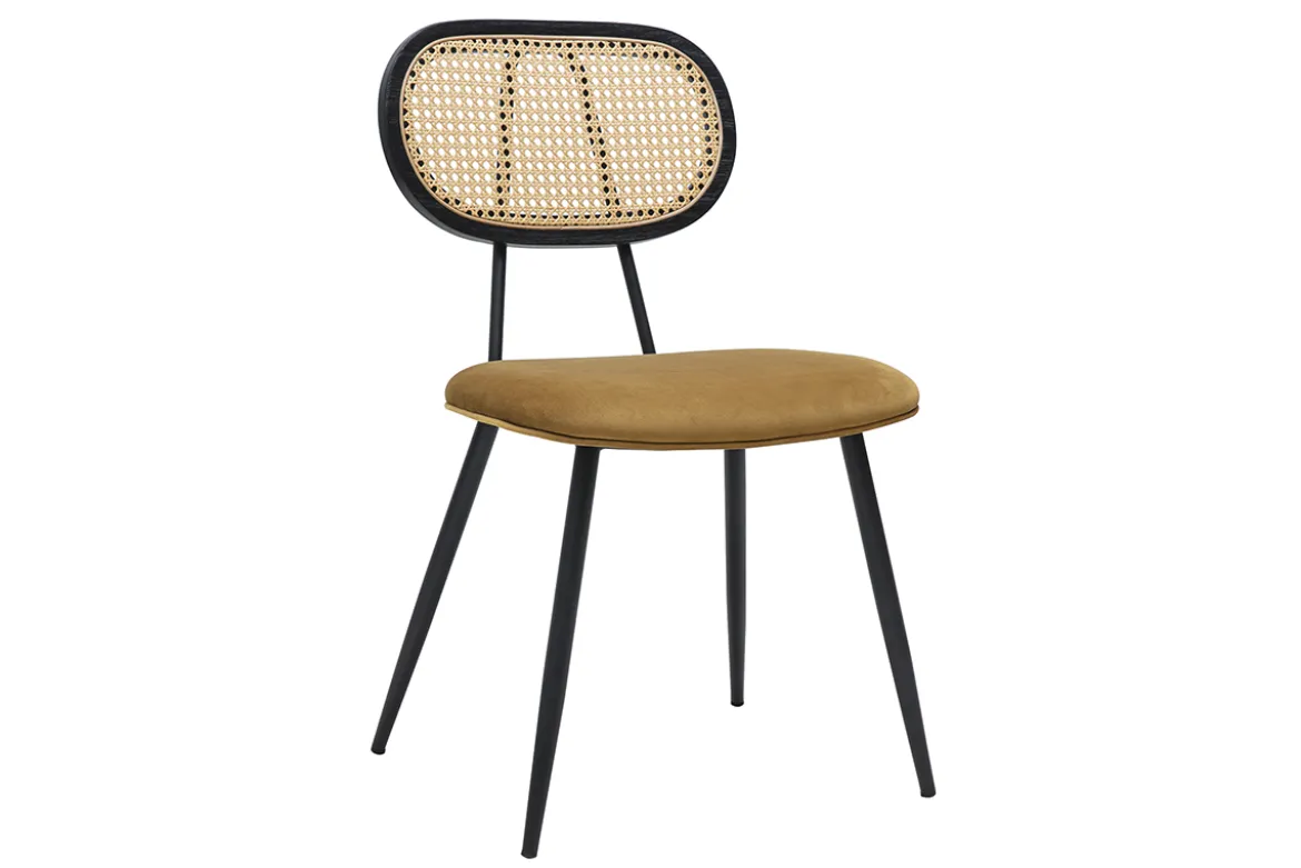 Chaises design en tissu velours bronze, métal noir et cannage rotin (lot de 2) SWANN