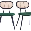 Chaises design en tissu velours vert foncé, métal noir et cannage rotin (lot de 2) SWANN