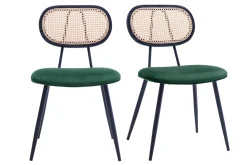 Chaises design en tissu velours vert foncé, métal noir et cannage rotin (lot de 2) SWANN