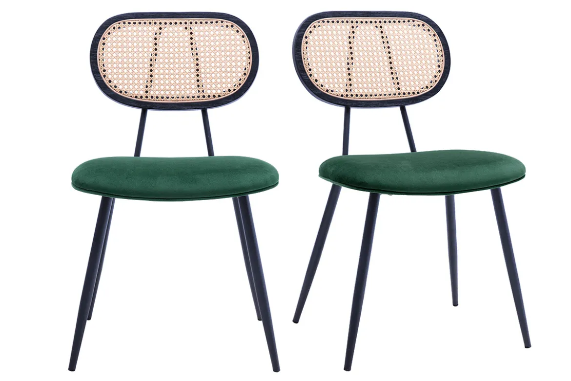Chaises design en tissu velours vert foncé, métal noir et cannage rotin (lot de 2) SWANN