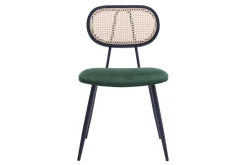 Chaises design en tissu velours vert foncé, métal noir et cannage rotin (lot de 2) SWANN