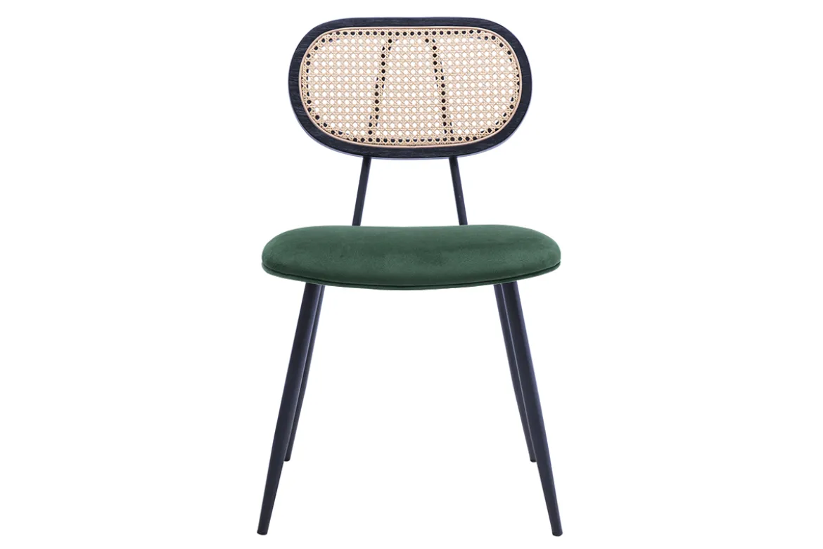 Chaises design en tissu velours vert foncé, métal noir et cannage rotin (lot de 2) SWANN