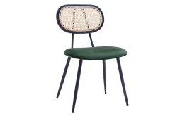 Chaises design en tissu velours vert foncé, métal noir et cannage rotin (lot de 2) SWANN