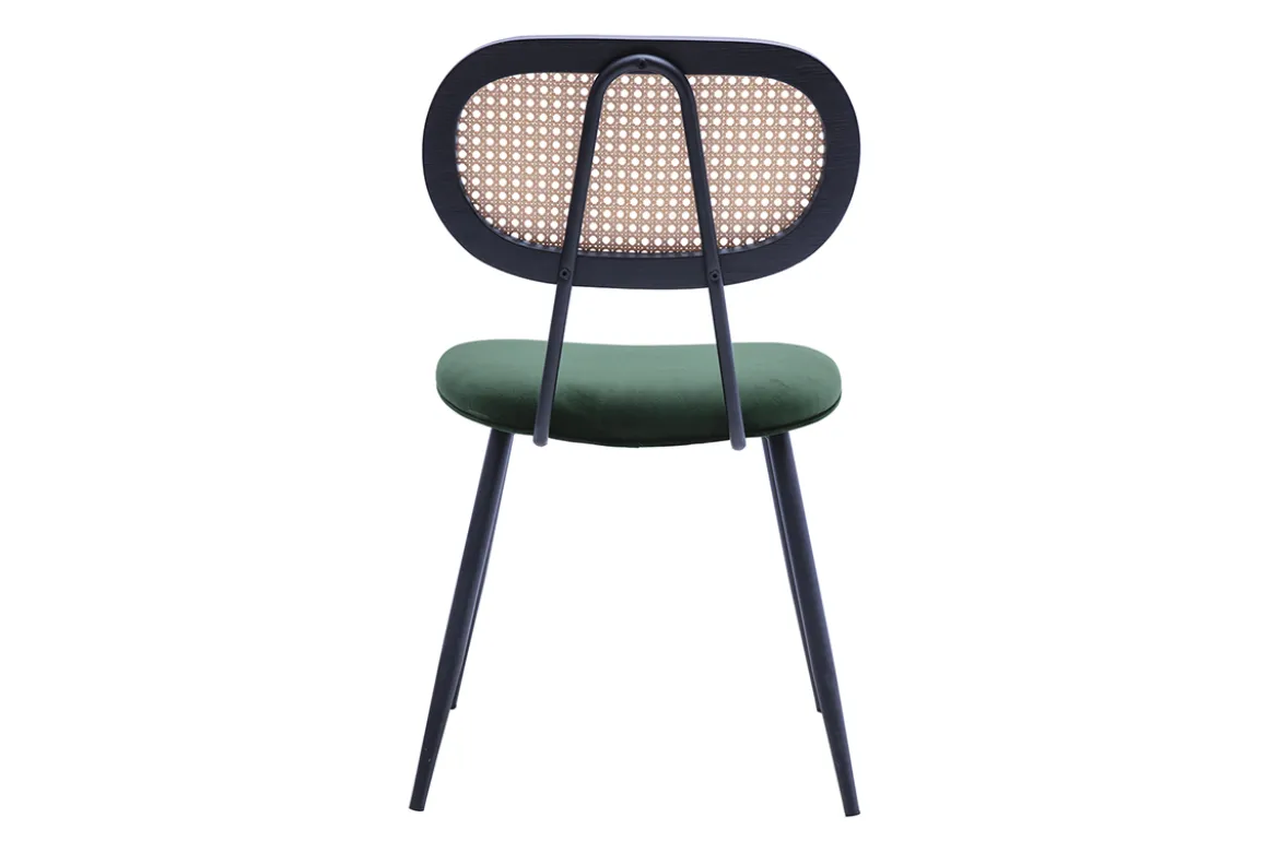 Chaises design en tissu velours vert foncé, métal noir et cannage rotin (lot de 2) SWANN