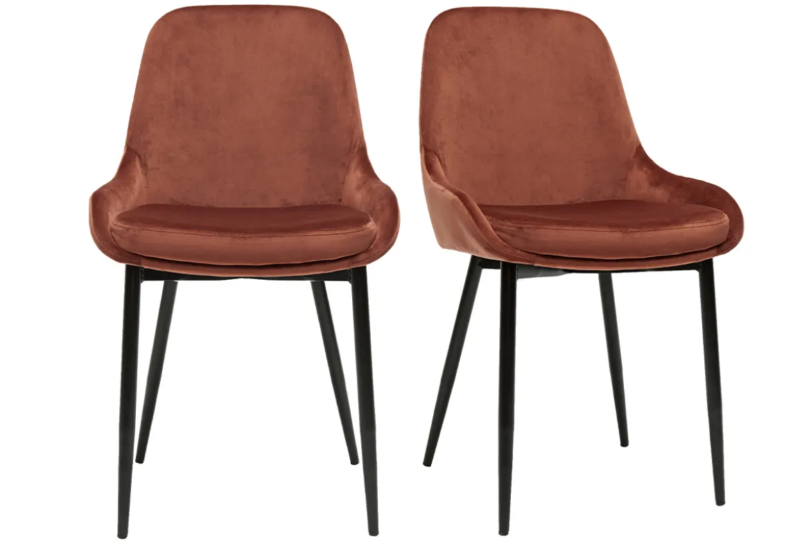 Chaises design en tissu velours rouge tomette et métal noir (lot de 2) HOLO