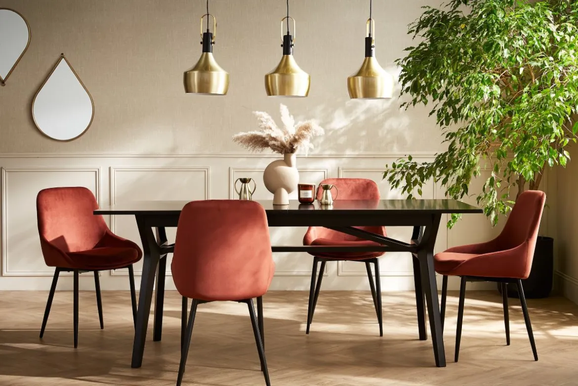 Chaises design en tissu velours rouge tomette et métal noir (lot de 2) HOLO