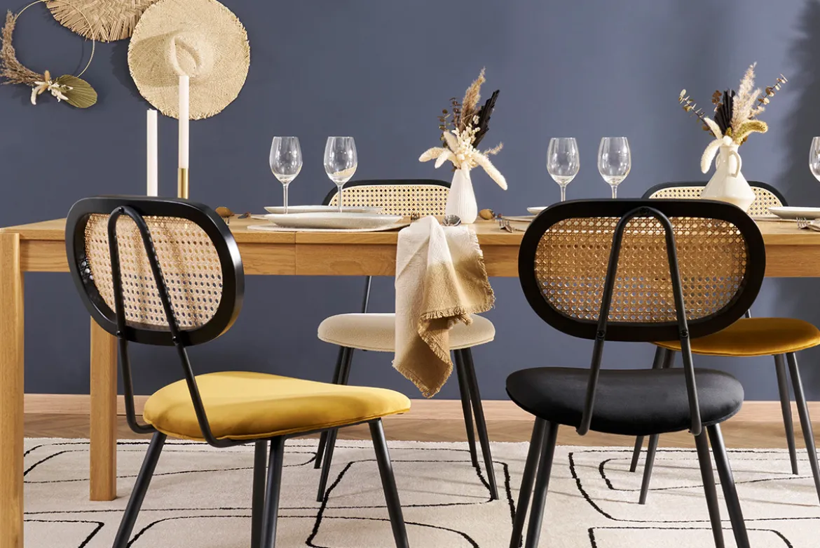 Chaises design noires en tissu velours, métal et cannage rotin (lot de 2) SWANN