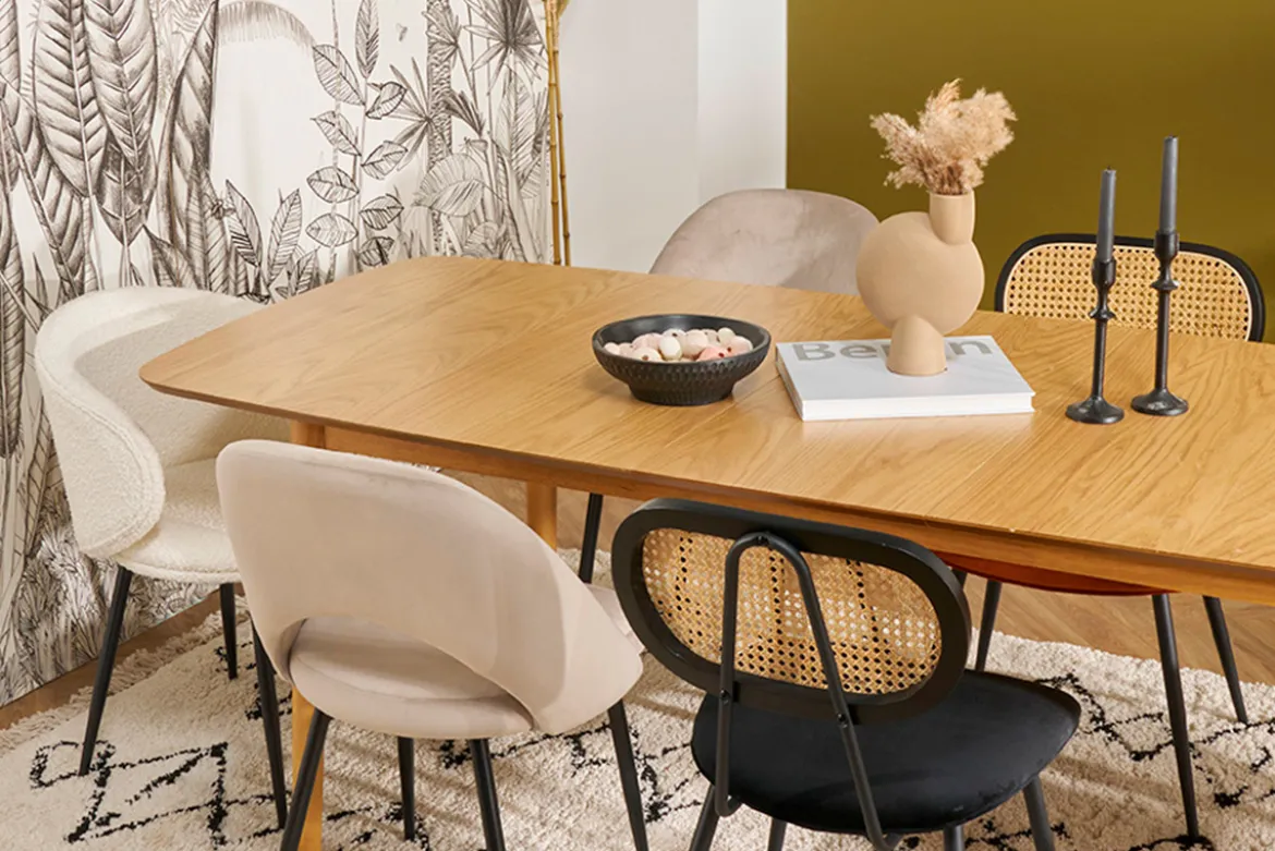 Chaises design noires en tissu velours, métal et cannage rotin (lot de 2) SWANN
