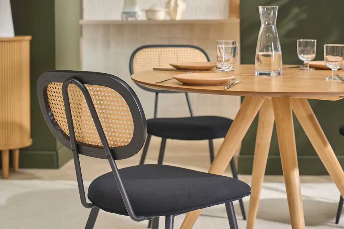 Chaises design noires en tissu velours, métal et cannage rotin (lot de 2) SWANN