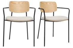 Chaises en bois clair chêne, tissu effet velours texturé beige et métal noir (lot de 2) SUSAN