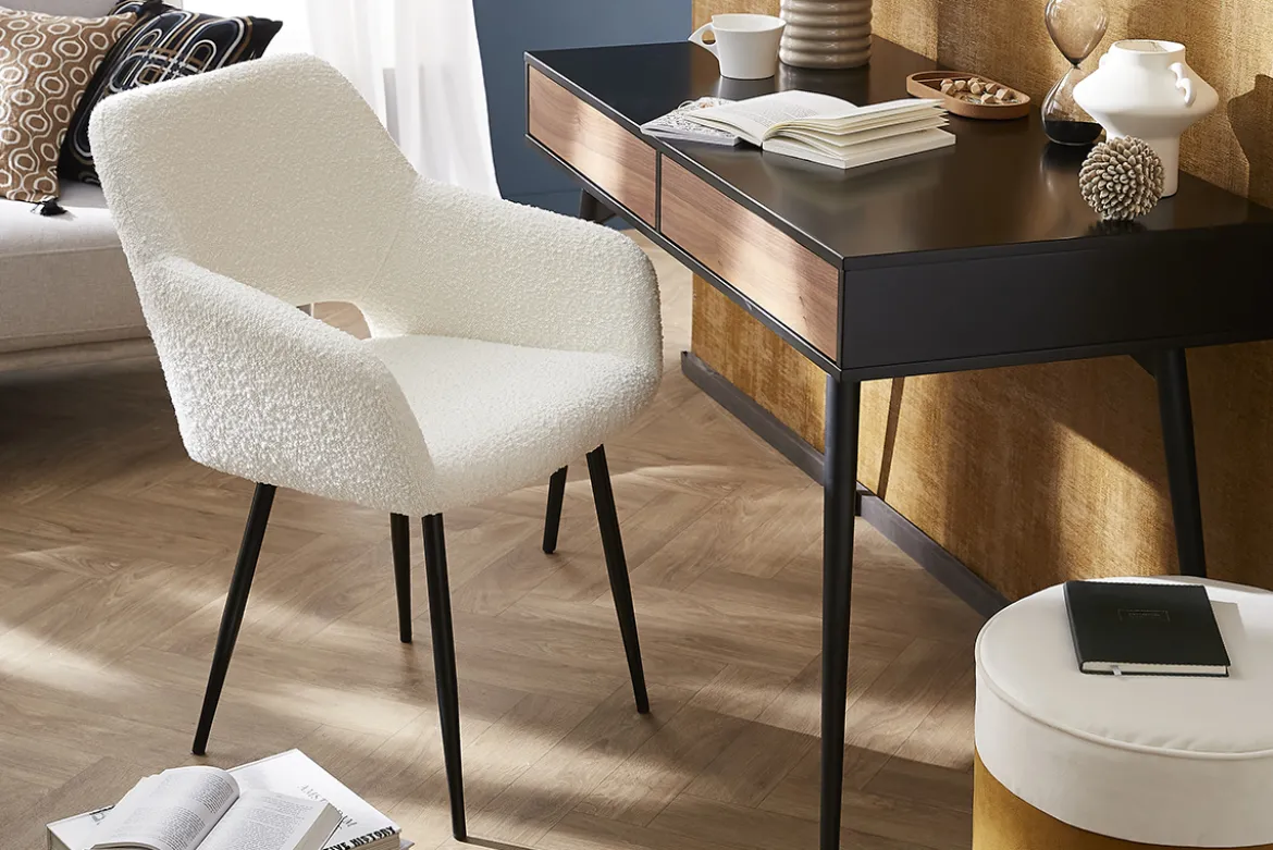 Chaises en tissu effet laine bouclée blanc cassé et métal noir (lot de 2) LAURETTE