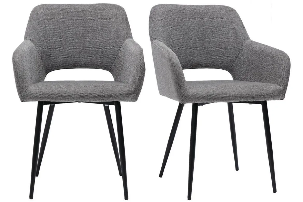 Chaises en tissu effet velours texturé gris et métal noir (lot de 2) LAURETTE