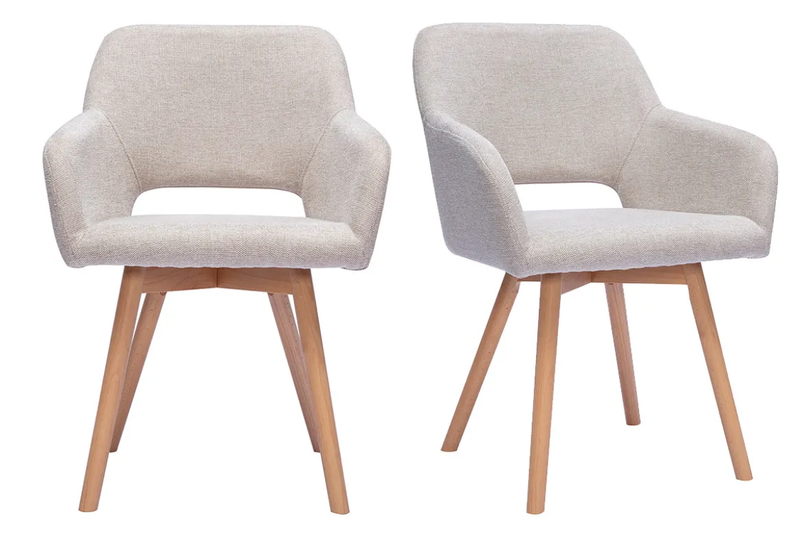 Chaises en tissu effet velours texturé beige et bois clair (lot de 2) LAURETTE