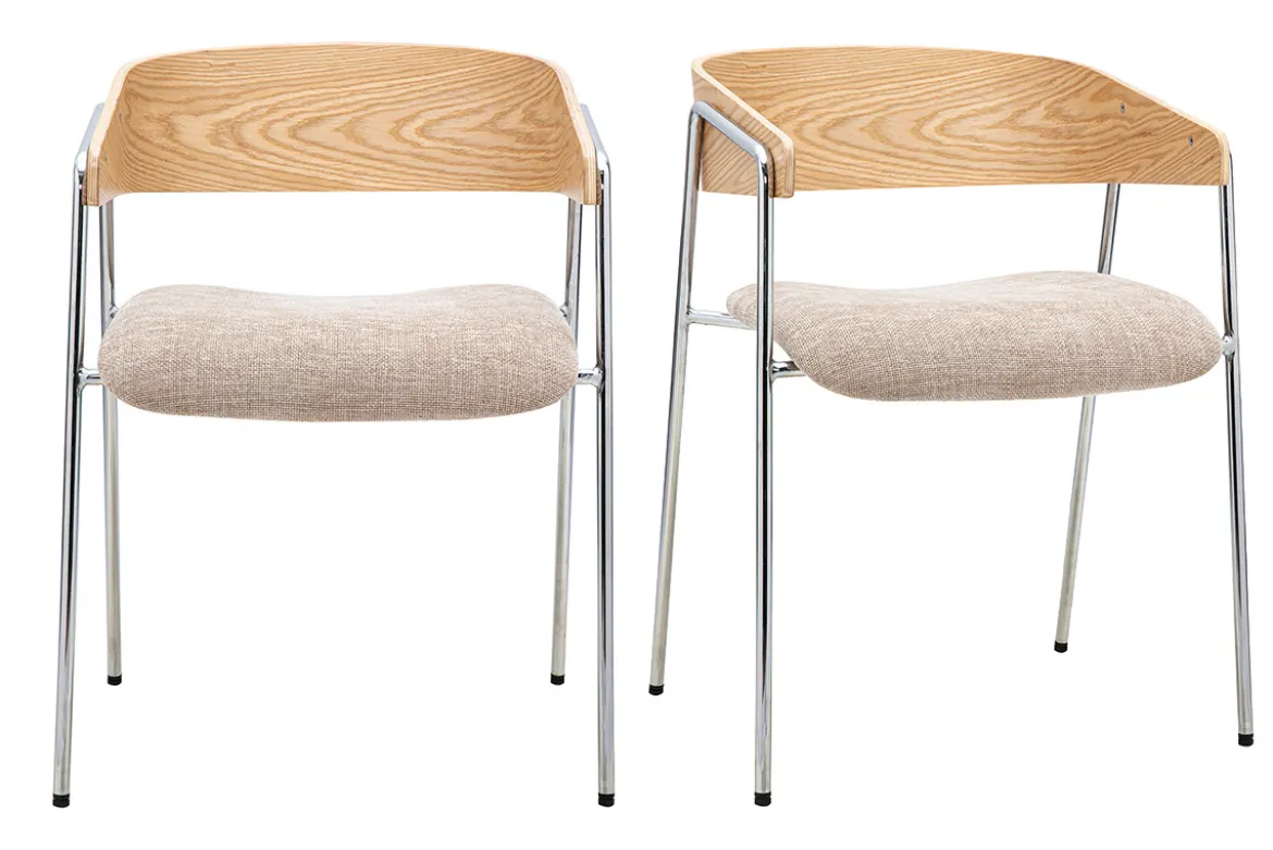 Chaises en tissu effet velours texturé taupe, bois clair et métal chromé (lot de 2) FANELY