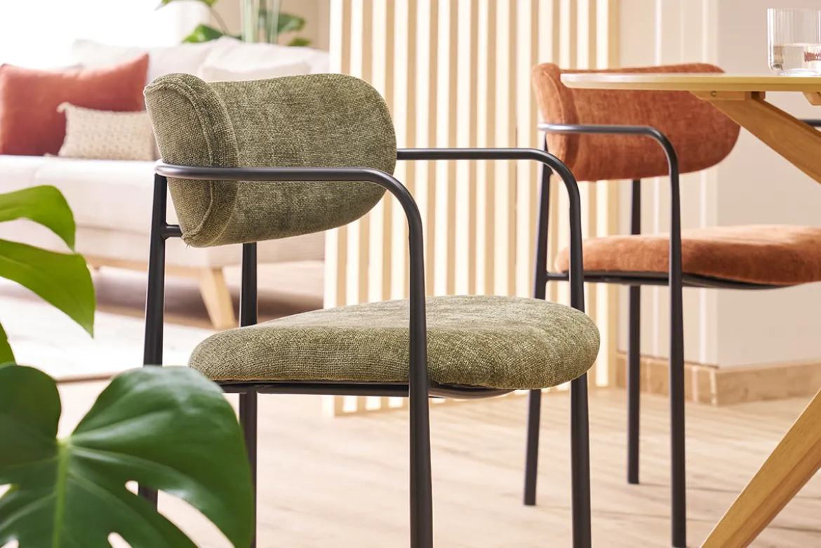Chaises en tissu effet velours texturé vert kaki et métal noir (lot de 2) SWIFT