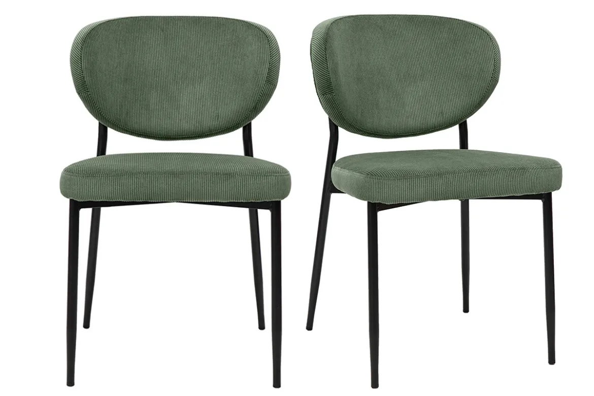 Chaises en tissu velours côtelé vert kaki et métal noir (lot de 2) BREKA
