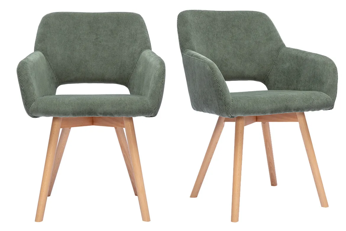 Chaises en tissu velours côtelé vert kaki et bois clair (lot de 2) LAURETTE