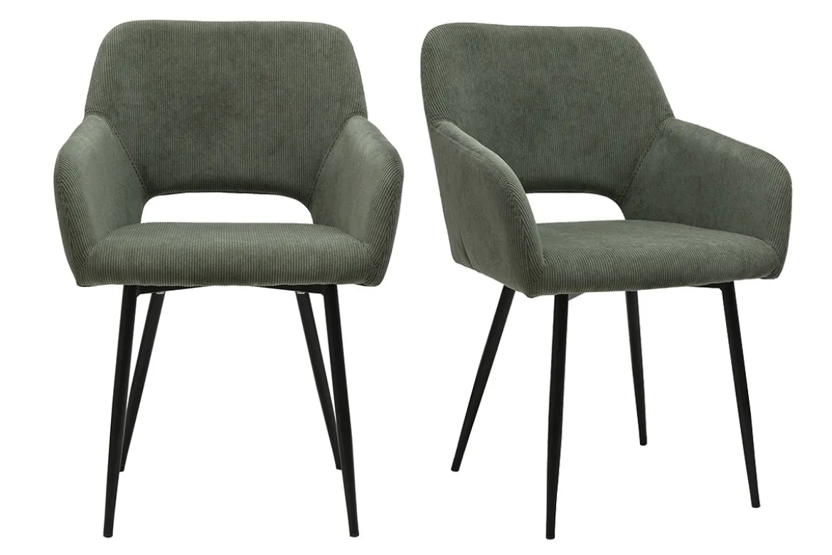 Chaises en tissu velours côtelé vert kaki et métal noir (lot de 2) LAURETTE