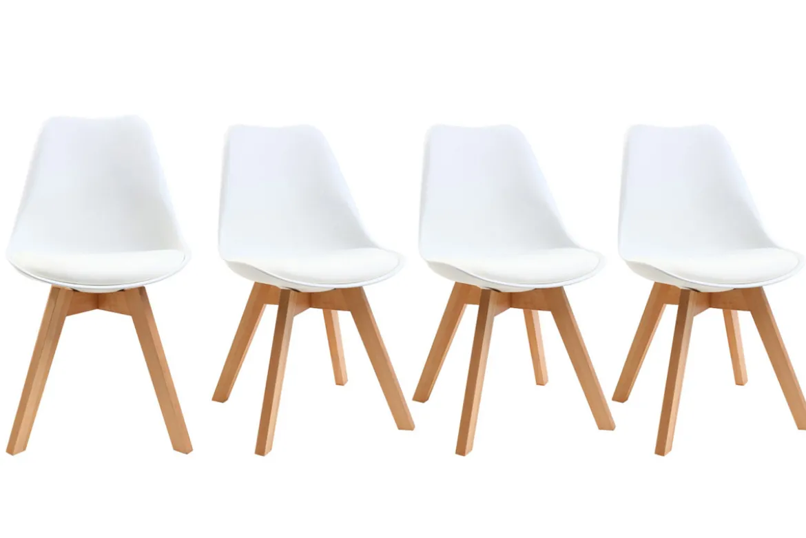Chaises scandinaves blanc et bois clair massif (lot de 4) PAULINE
