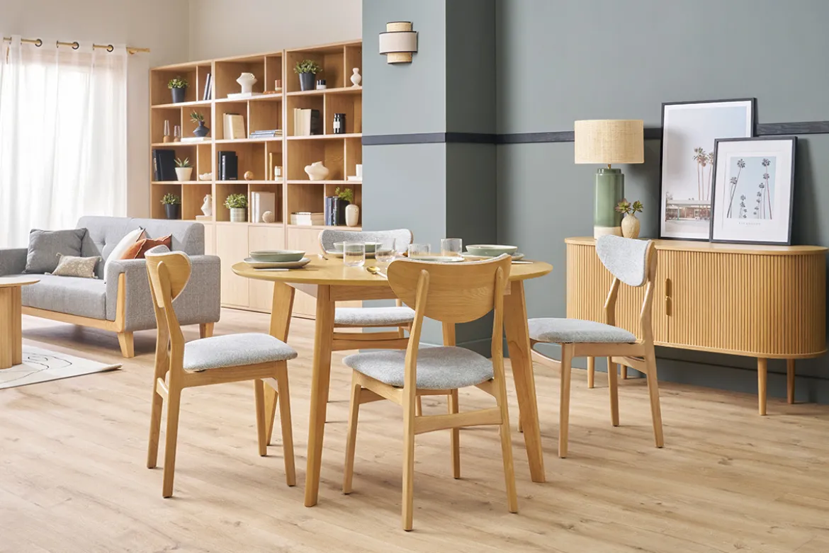 Chaises scandinaves en tissu effet velours texturé gris chiné et bois clair chêne massif (lot de 2) MAYA