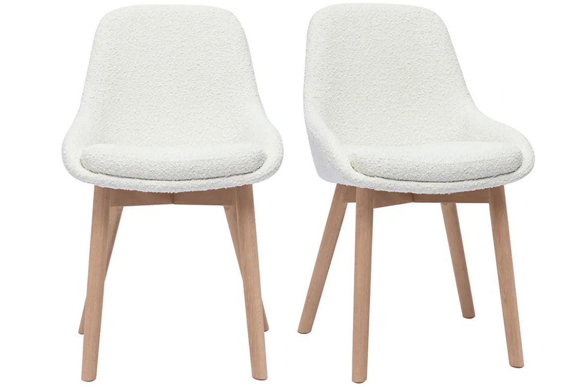 Chaises scandinaves en tissu effet laine bouclée blanc et bois clair massif (lot de 2) HOLO