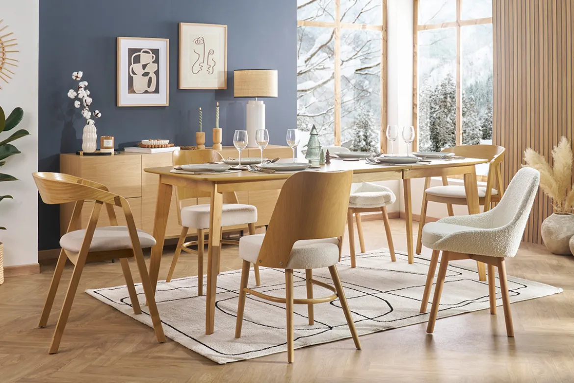 Chaises scandinaves en tissu effet laine bouclée blanc et bois clair massif (lot de 2) HOLO