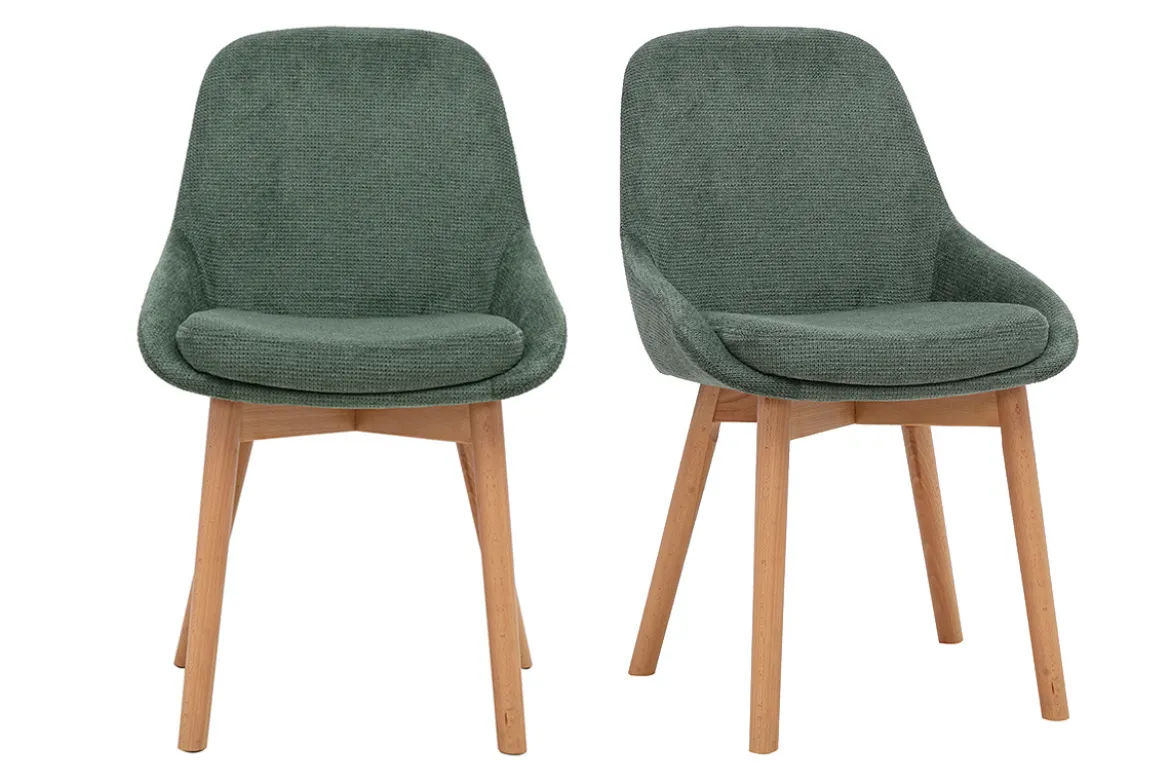 Chaises scandinaves en tissu chenille vert kaki et bois clair massif (lot de 2) HOLO