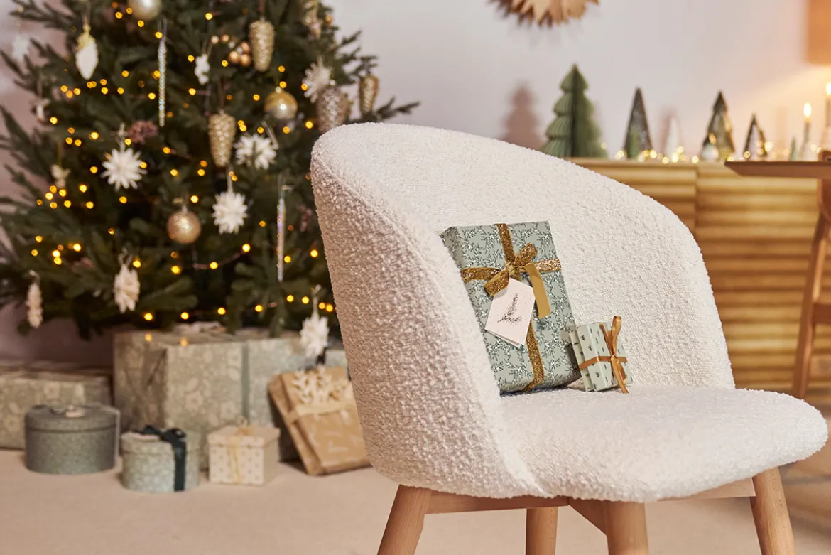Chaises scandinaves en tissu effet laine bouclée blanc cassé et bois clair massif (lot de 2) VANITY
