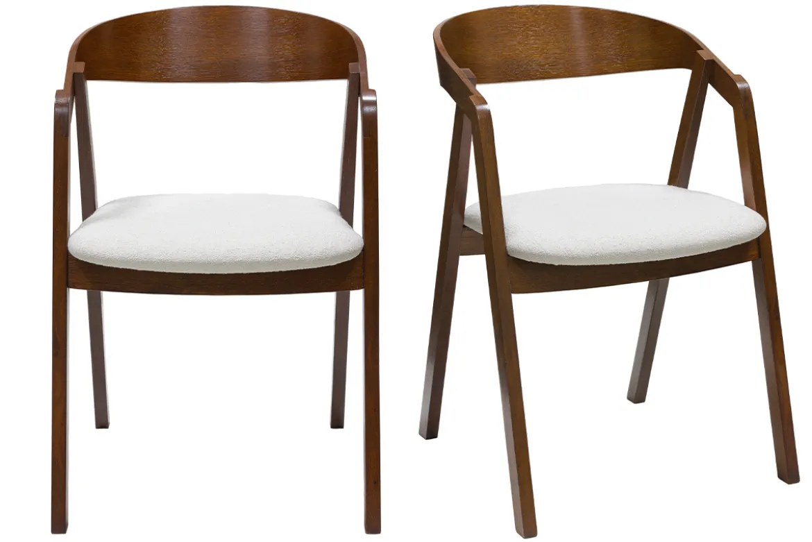 Chaises vintage empilables en bois teinté noyer et tissu effet laine bouclée blanc (lot de 2) LOVA