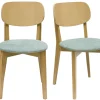 Chaises vintage en bois clair chêne et tissu effet velours vert céladon (lot de 2) LUCIA