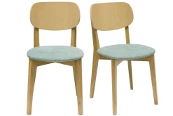 Chaises vintage en bois clair chêne et tissu effet velours vert céladon (lot de 2) LUCIA