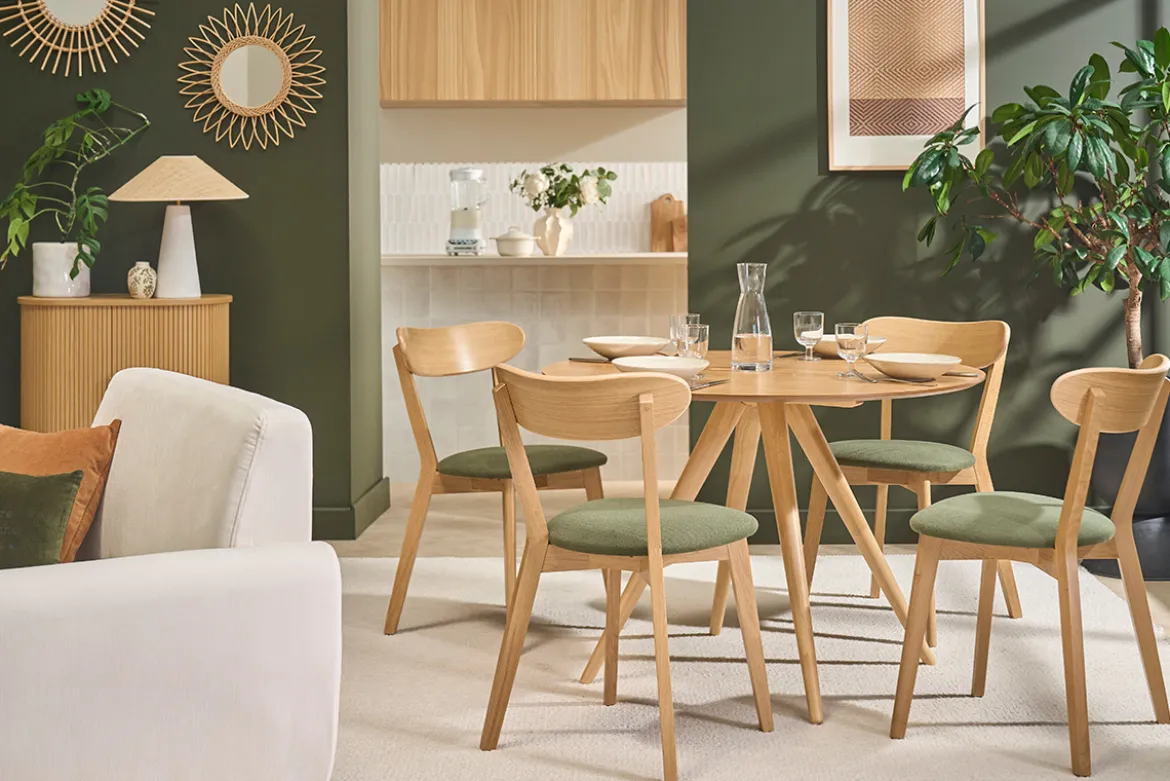 Chaises vintage en bois clair chêne et tissu effet velours texturé vert kaki (lot de 2) DOVE