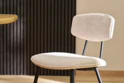 Chaises vintage en bois clair chêne assises tissu chenille beige et métal noir (lot de 2) JOLINE