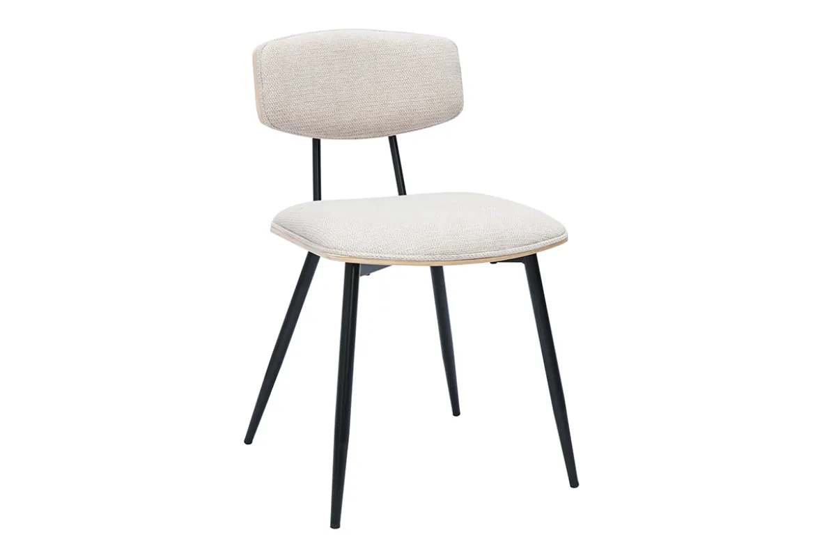 Chaises vintage en bois clair chêne assises tissu chenille beige et métal noir (lot de 2) JOLINE
