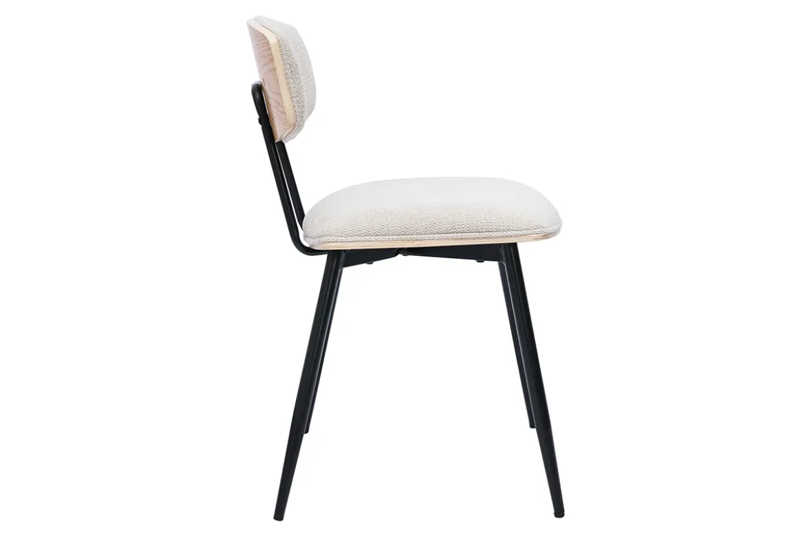 Chaises vintage en bois clair chêne assises tissu chenille beige et métal noir (lot de 2) JOLINE